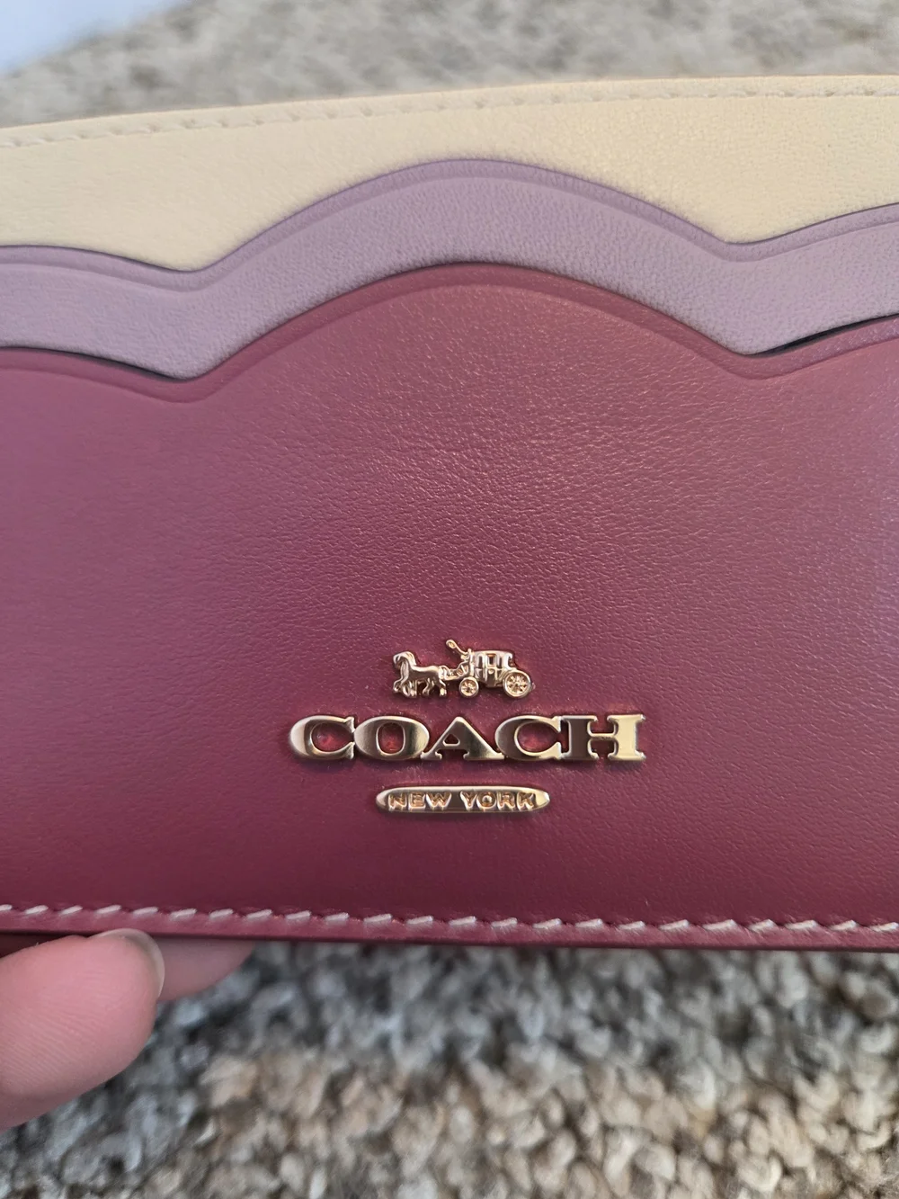 Coach Colorblock Leather Card Holder in Burgundy, Mauve & Cream